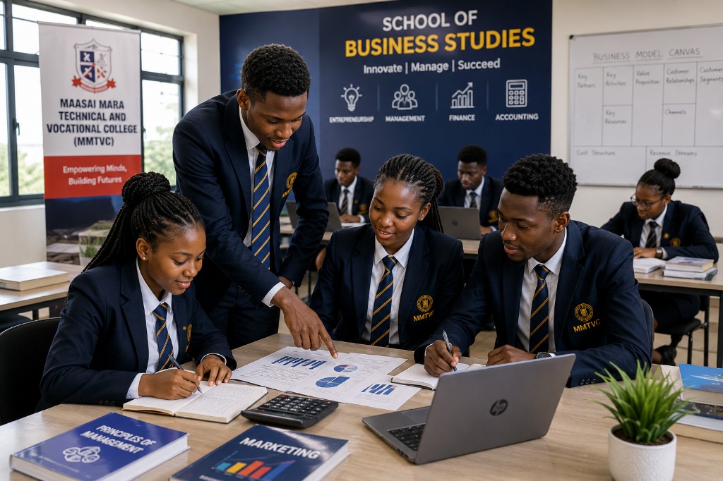 MMTVC Business Studies students collaborating around charts and textbooks in a modern classroom