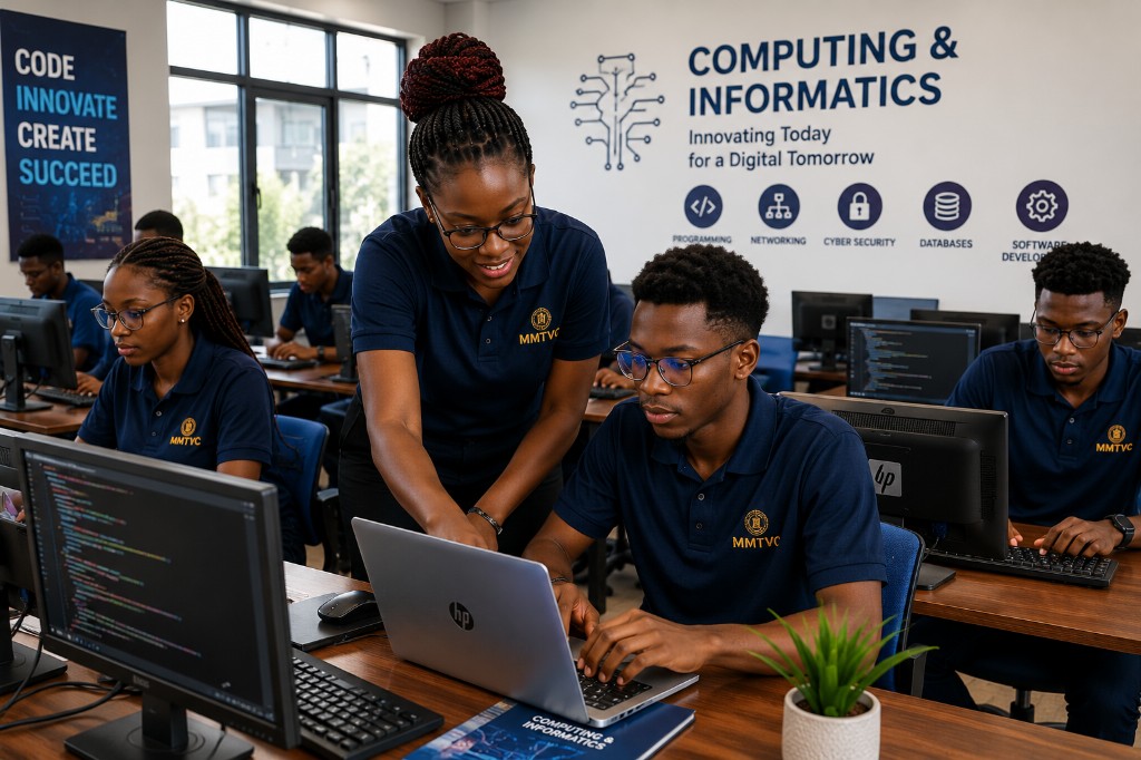 MMTVC Computing students collaborating at computer workstations in the informatics lab